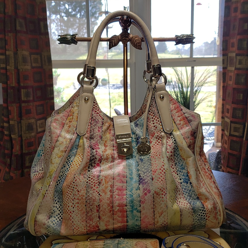 💘2PC BRAHMIN ELISA DOVE CORONADO CROC-EMBOSSED PLEATED LEATHER BAG-WALLET SET - Picture 2 of 14